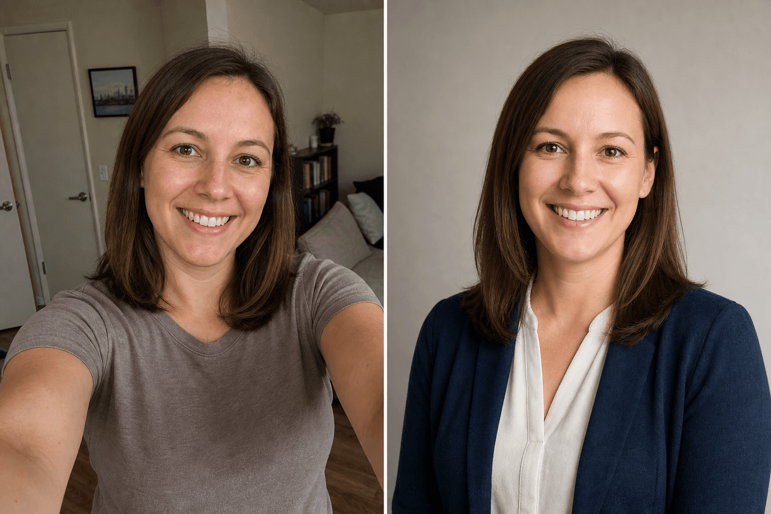 Before selfie on the left and professional realtor headshot on the right